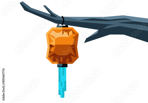 A stylized lantern hangs from a branch, showcasing a gravity filter system for camping. Modern, geometric design with vibrant orange and blue tones. Ideal for outdoor and camping visuals.