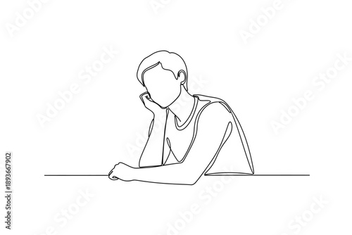 Continuous Line Drawing of Thoughtful Person Leaning on Table