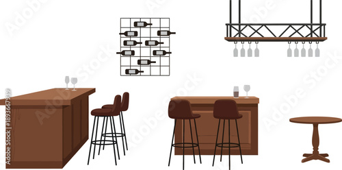 Bar and counter, stools, tables, wine rack, glasses and bottles, modern interior for cafe or restaurant, brown and black