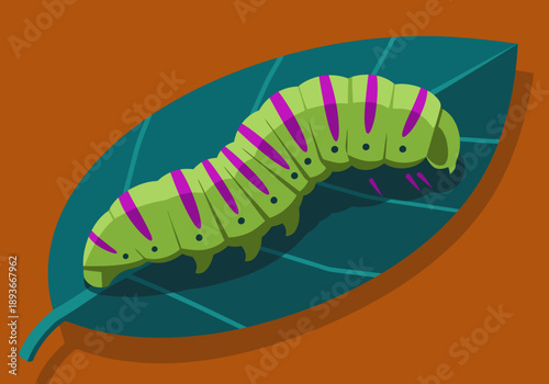 A vibrant, stylized larva crawls on a leaf. Bold colors and a modern design make this illustration ideal for pest control or nature themes. 