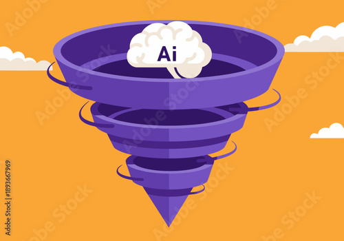 A vibrant tornado graphic showcases AI forecasting with a brain inside, symbolizing smart technology. Bold colors and dynamic design create a striking visual.