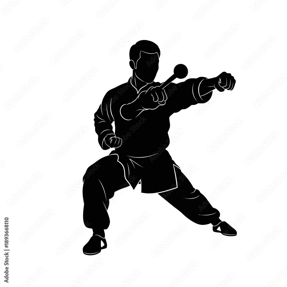 Naklejka premium Silhouette of a Martial Artist Practicing with a Nunchaku.