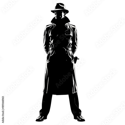 Silhouette of a mysterious man in a trench coat and fedora.