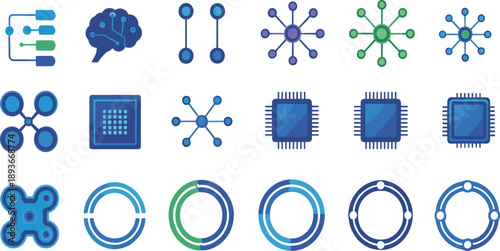 Artificial Intelligence and Data Network Icon Set Featuring Neural Nodes, AI Processors, Connectivity Diagrams, and Circular Analytics Elements for Technology Design