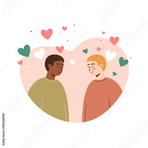 A modern flat vector illustration showing an interracial male couple sharing a loving moment surrounded by floating hearts, symbolizing romance and inclusion.