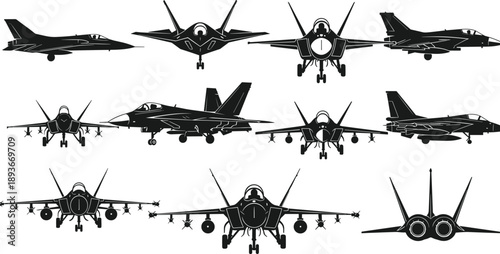 Military fighter jet silhouette set, combat aircraft front side top views, isolated black vector illustration
