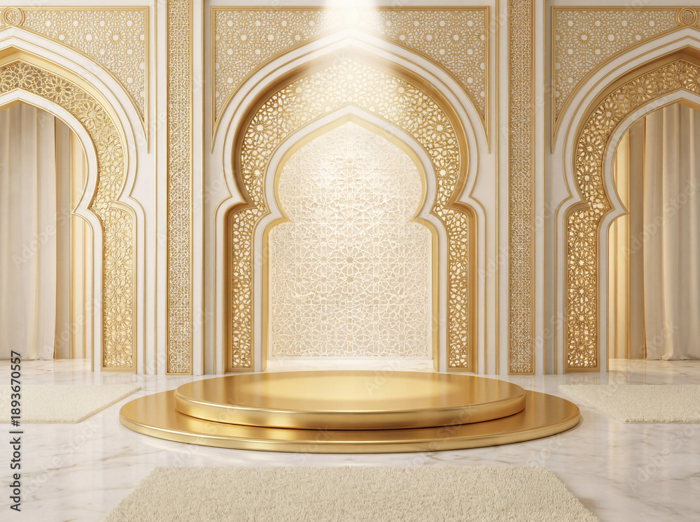 Naklejka premium Islamic Mosque Architecture with Golden Arches - Ramadan Eid Display Background Interior Design