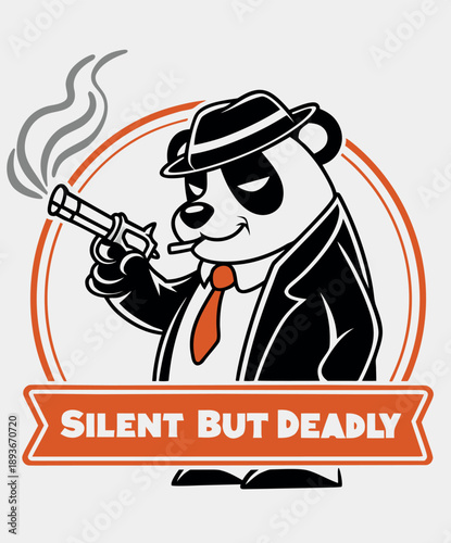 Mafia Panda Hitman Illustration with Fedora and Gun, Silent But Deadly Cartoon Mascot