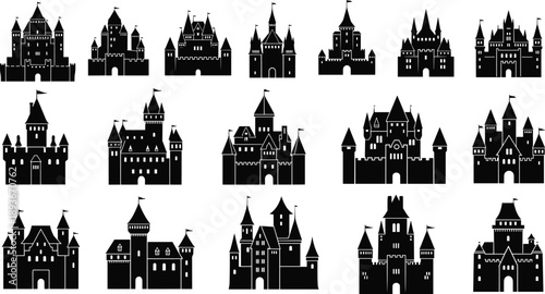 Medieval castle silhouette set, fantasy fairytale fortress icons, isolated black architecture vector illustration collection design