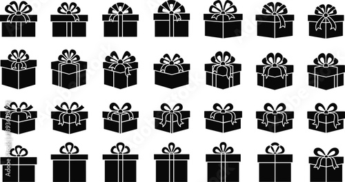 Gift box silhouette set, wrapped present icons with bows, isolated black holiday celebration vector illustration