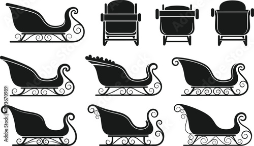 Santa sleigh silhouette set, Christmas reindeer-free sled designs, isolated black holiday vector illustration collection icons
