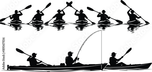 Kayaking canoe silhouette set, paddling and fishing activities on water, isolated black vector illustration collection
