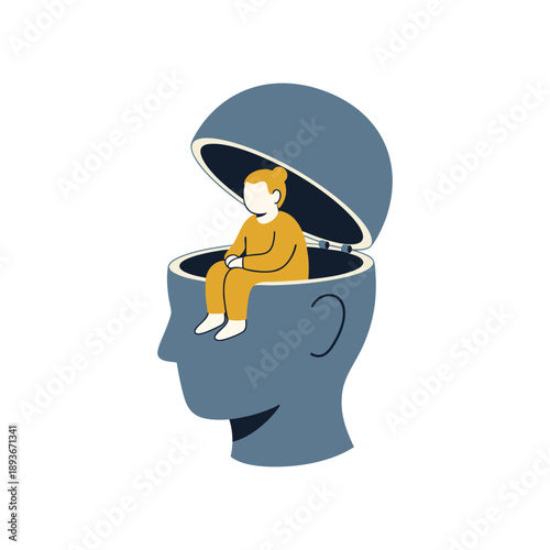 A stylized flat illustration shows a small cartoon character sitting inside a large human head with the top opened like a container lid, symbolizing introspection, self-awareness, and mental health ex