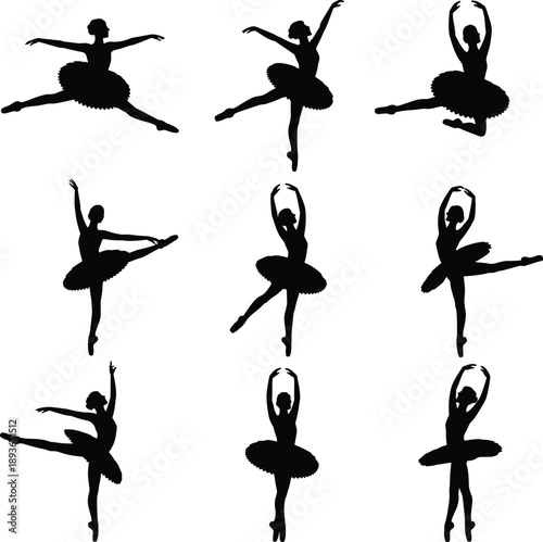 Ballet dancer silhouette set graceful female classical dance poses performance art isolated white background graphic flat vector illustration design collection