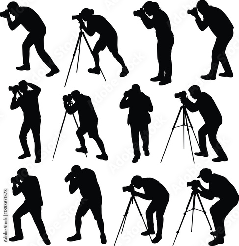 Photographer silhouette set flat vector illustration, black cameraman people icons isolated on white background, professional photography poses collection