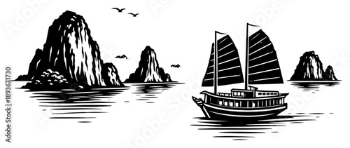 Traditional junk boat sailing through limestone mountains in ha long bay