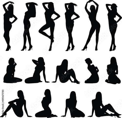 Sexy woman silhouette collection fashionable female poses glamour model standing sitting isolated white background modern graphic flat vector illustration