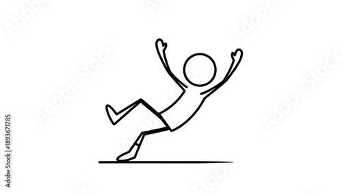Simple line drawing of a person jumping with joy and arms raised.