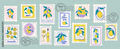 Postage stamps with lemons. Summer food vintage doodle posters, cards. Italian coastal food. Background design with hand drawn frame.