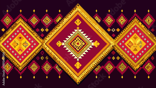 Traditional Slavic folk art ornament. Embroidered seamless border texture. Seamless traditional ethnic embroidery pattern. Geometric folk ornament with flowers and tassels.