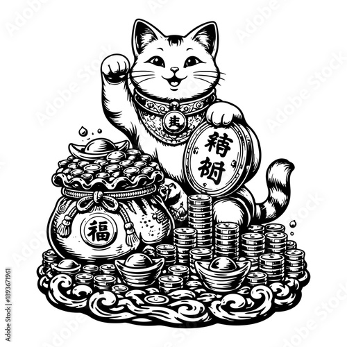 Japanese lucky cat maneki neko sitting on pile of gold coins and money bag