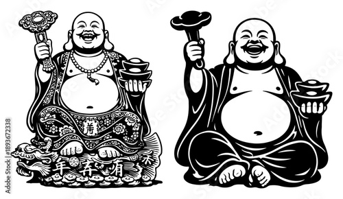 Set of two laughing buddha figures holding gold ingot for prosperity