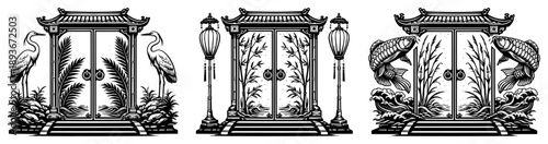 Set of three decorative asian garden gates with crane birds bamboo and koi fish designs