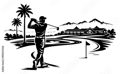Golfer swinging club on tropical course with palm trees and clubhouse