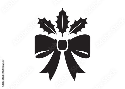 bow and holly leaf logo silhouette vector, christmas holly leaves logo silhouette illustration, festive bow with holly leaf logo silhouettes vector on a white background