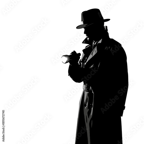 Silhouette of a detective holding a flashlight, investigating a crime scene.