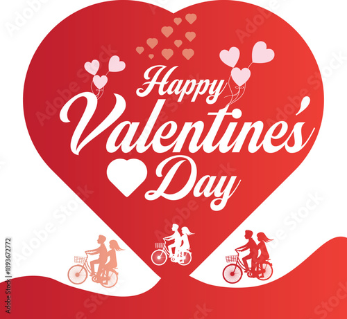 Happy Valentines Day red heart with couples on bicycles and balloons love