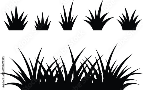 Grass silhouette set flat vector illustration, black grass plants icons isolated on white background, nature foliage design elements collection