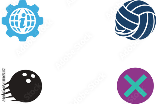 Abstract technology and symbol icons set featuring gear globe knot comet cancel mark modern vector design