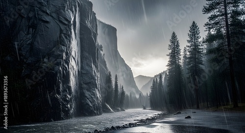Rainy landscape with rock walls. Generative AI.