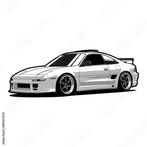 Vector illustration of a Japanese-style sports coupe car with a clean, modern, and aggressive design. Side view with aerodynamic body, racing wheels, and rear spoiler. Ideal for automotive designs.