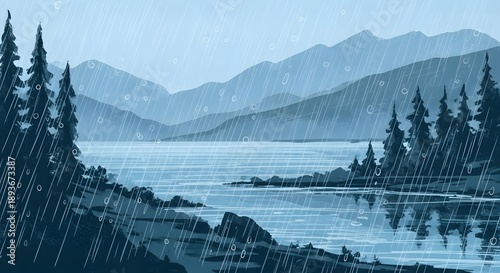 Rainy landscape with a river view. Generative AI.