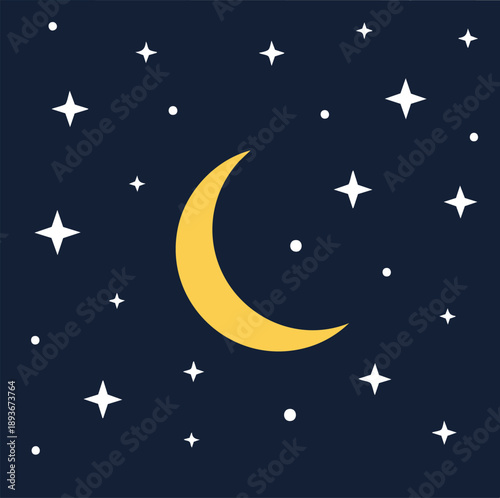 Yellow Crescent Moon and Stars on a Dark Night Sky Background