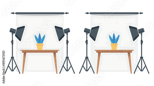 Photography studio setup with plants on wooden tables and lighting equipment
