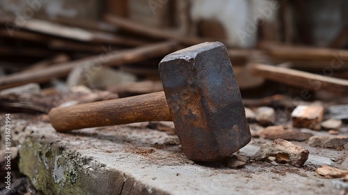 A weathered rusty sledgehammer lies on rough concrete amidst construction debris evoking a sense of heavy labor and disuse