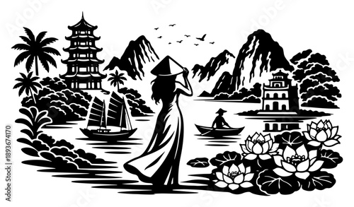 Scenic vietnamese landscape featuring woman in ao dai and pagoda by the river