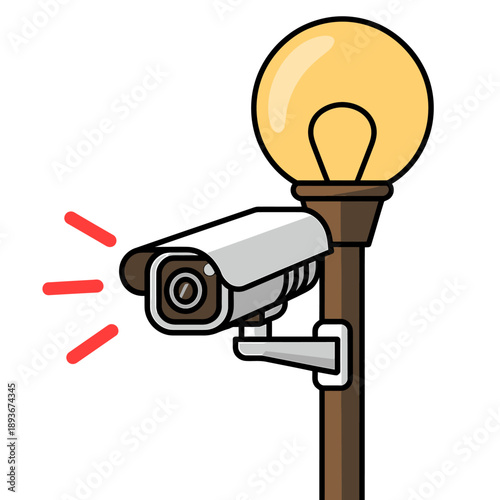 Cartoon illustration of security camera on a lamp post shining light