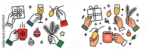 Celebration of holiday festivities with drinks, gifts, and decorations