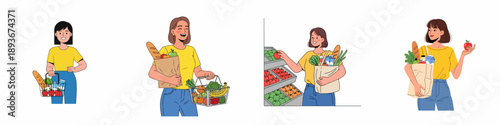 Four vector illustrations of women grocery shopping, smiling and holding baskets or reusable bags filled with fresh produce and essential items.