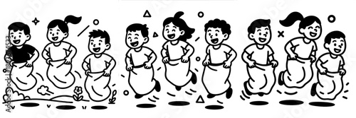 Kids participating in a lively sack race during a sunny outdoor event