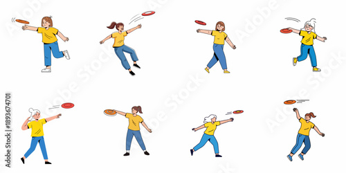 Women Playing Frisbee Set: Vector Illustrations of Girls Throwing and Catching Flying Discs, Demonstrating Active Outdoor Fun and Leisure Activities.