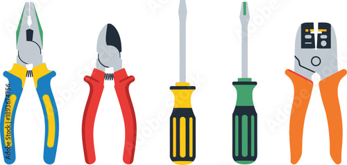 Set of hand tools including pliers cutters screwdrivers and wire strippers illustration on transparent background