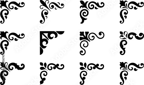 Decorative ornamental corners collection with vintage swirls and floral vector elements for design