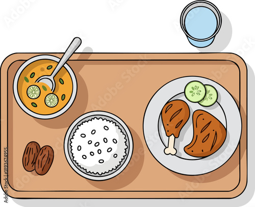 Healthy Meal Tray with Chicken, Rice, Soup, and Dates