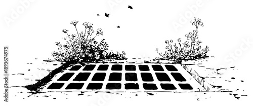Metal street grate on ground with growing plants and butterflies