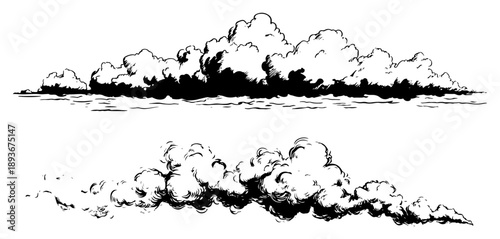 Hand drawn fluffy cumulus clouds set isolated on white background in ink sketch style